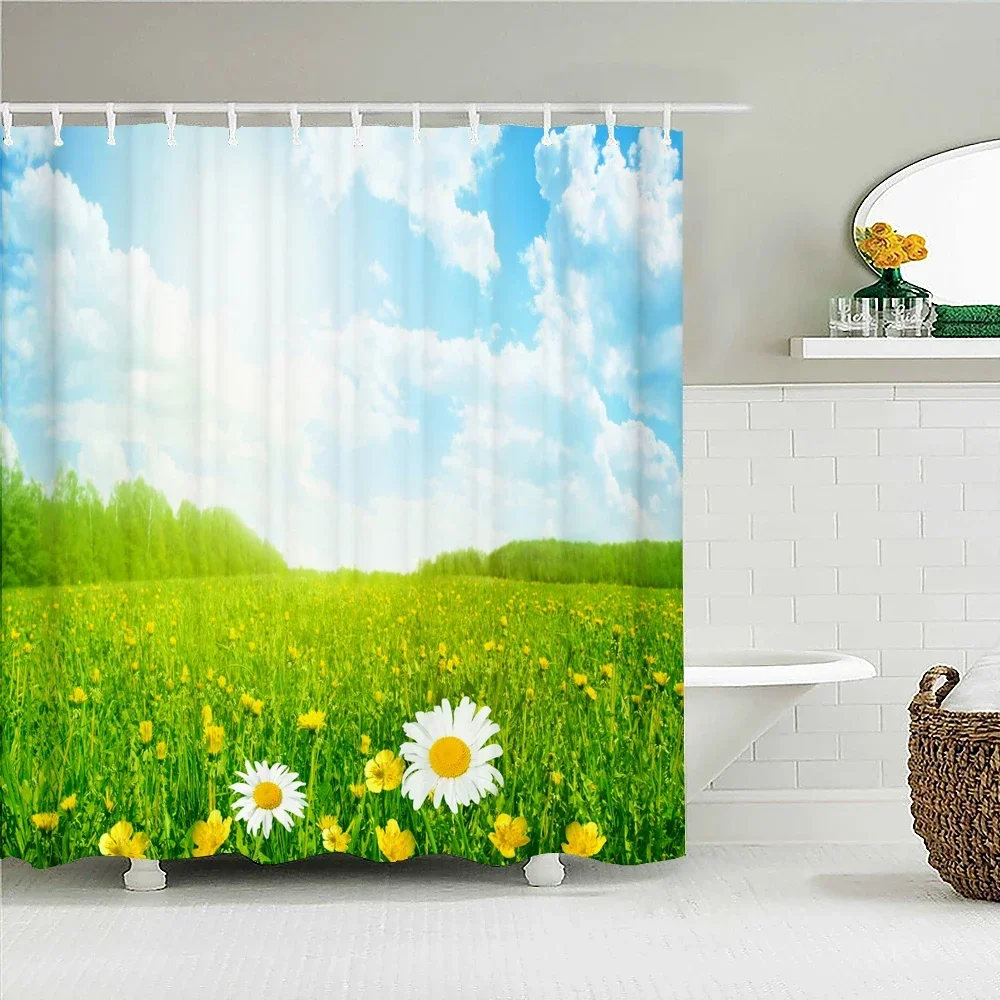 3D Sunny Landscape Printed Fabric Shower Curtains Blue sky Flowers Scenery Bathroom Curtain Waterproof Polyester Home Decoration