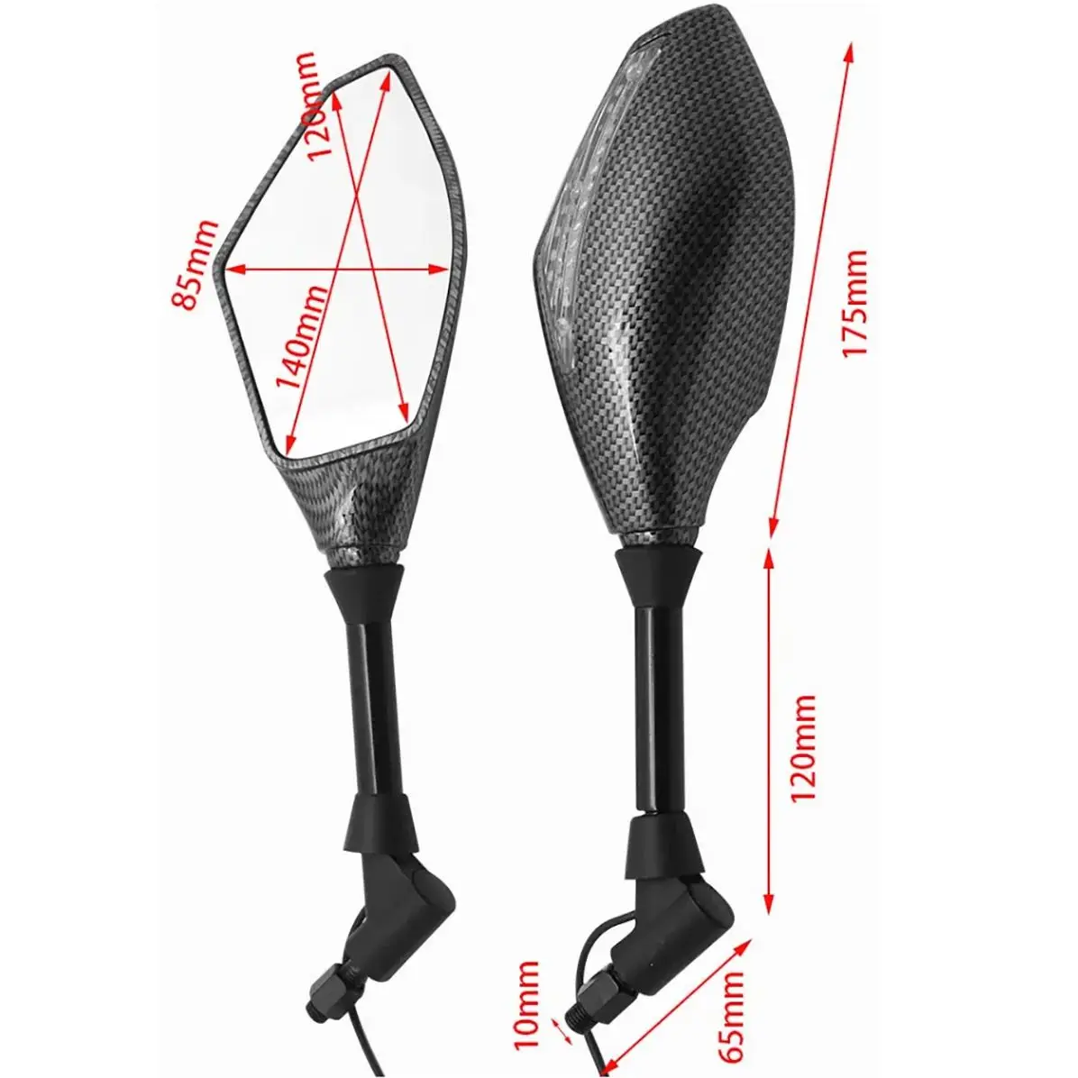 

10 мм мотоциклетные светодиодные передние и задние двойные фонари, боковые зеркала, зеркала, текстура углеродного волокна Snakeski для Honda Suzuki Yamaha Ducati