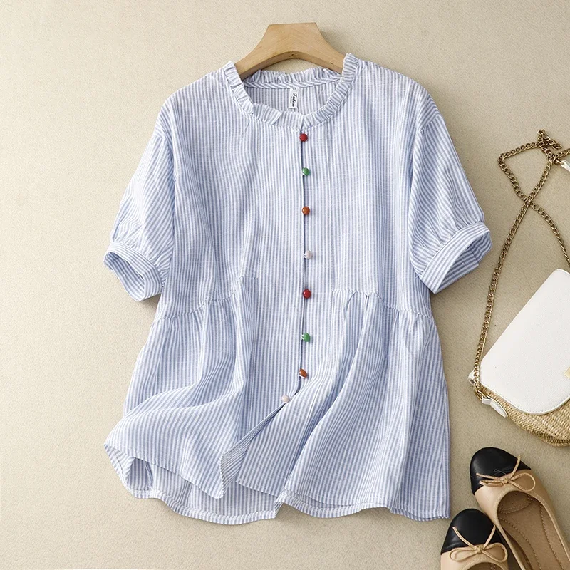 

Limiguyue Women Summer Striped Shirts Cotton Linen Blouse Japanese Style Colorful Button Loose Female Casual Ruffles Tops WERF