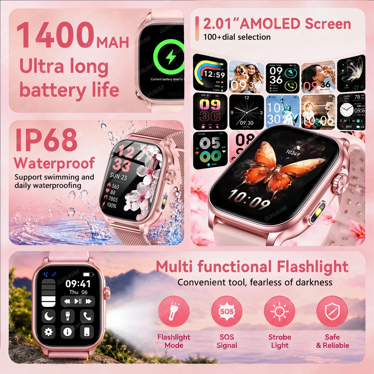 2026New 1400mAh Battery 100+Sports Smart Watches Gift 2.01”AMOLED Bluetooth Call LED Flashlight Heart Rate Sleep Bracelet Ladies