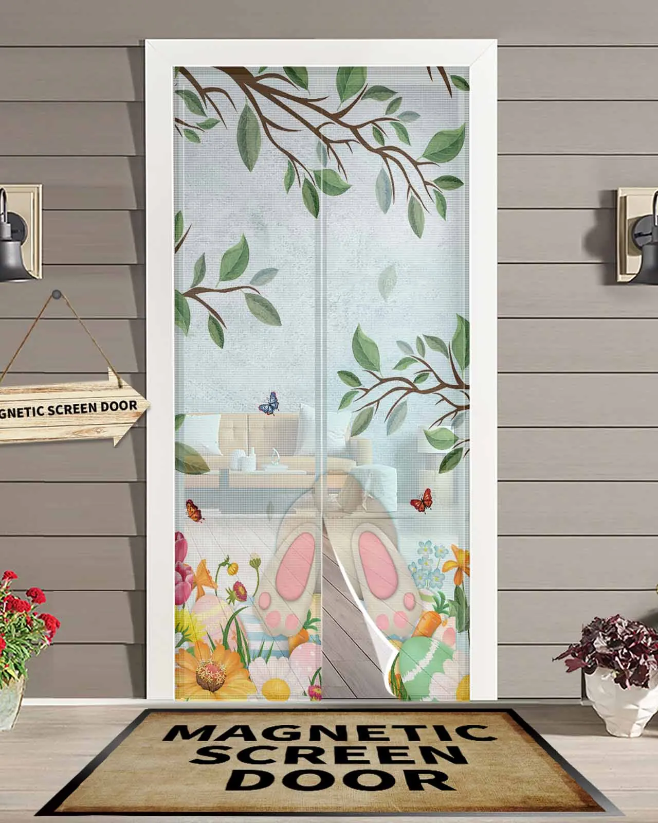 Easter Eggs Bunny Butt Flowers Leaves Summer Magnetic Door Curtain Living Room Bedroom Home Anti-mosquito Screen Door Curtain