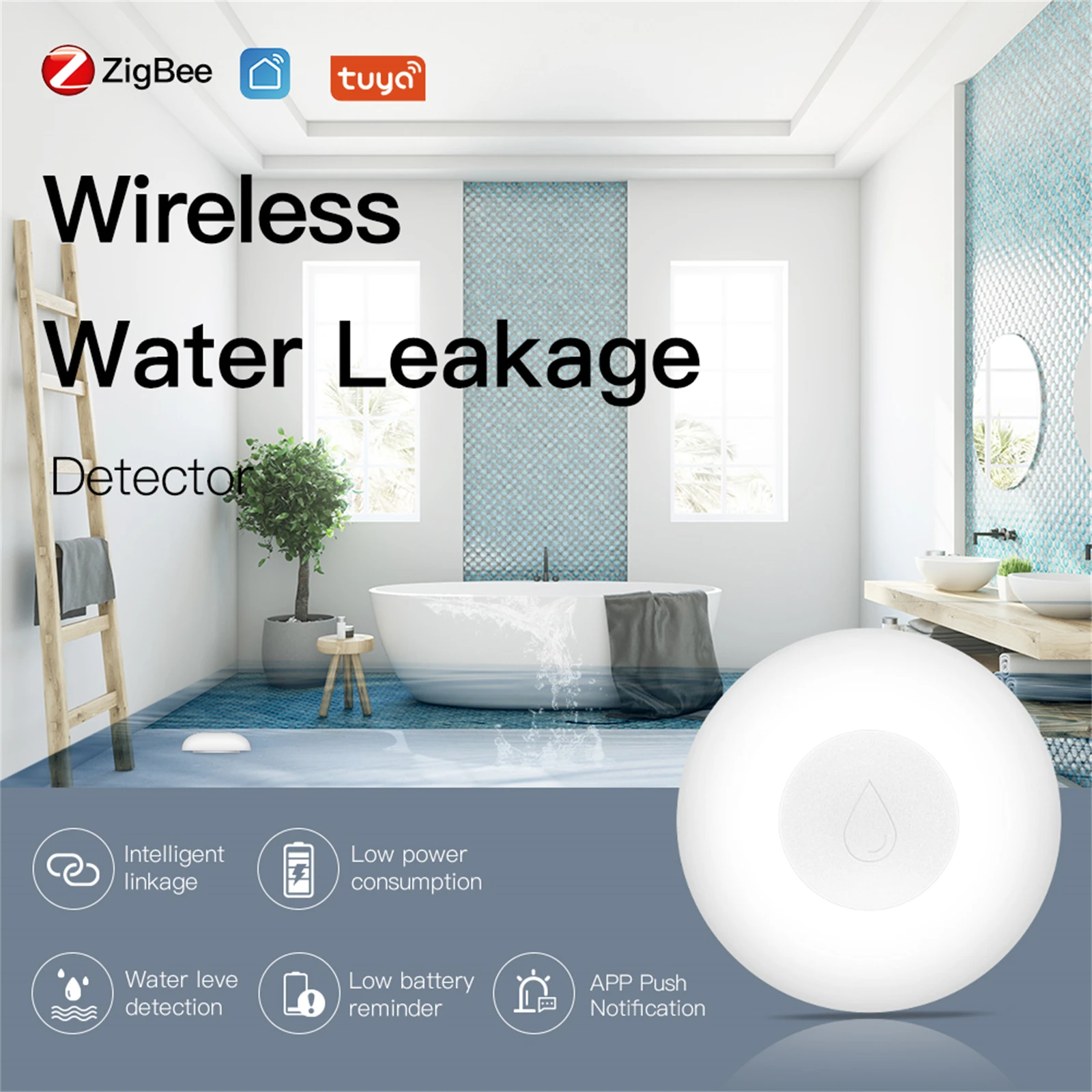 ZigBee Smart Flood Sensor Water Leakage Detector Flood Overflow Alert Security Alarm System Tuya Smart Life App Remote Control