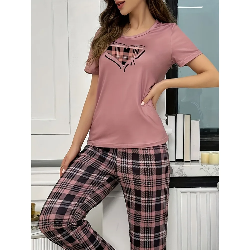 مجموعة واحدة من السراويل الطويلة المطبوعة بأكمام قصيرة وطبعة الحب، طقم بيجامة كاجوال، ملابس مريحة من القماش للنساء، ملابس لجميع المواسم