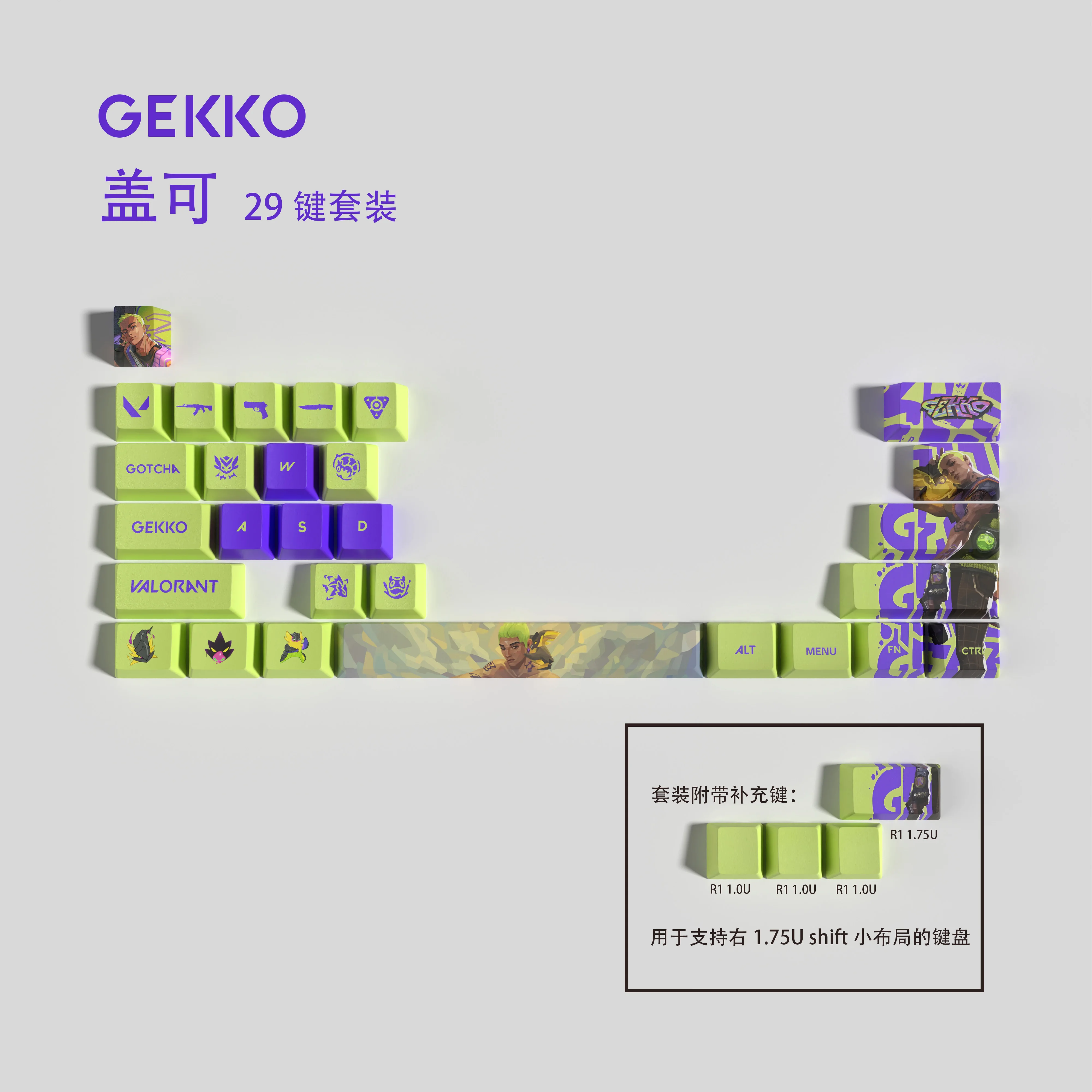 Vlaorant keycaps  gekko keycaps 29keys mini set OEM Profile  PBT dye sub keycaps