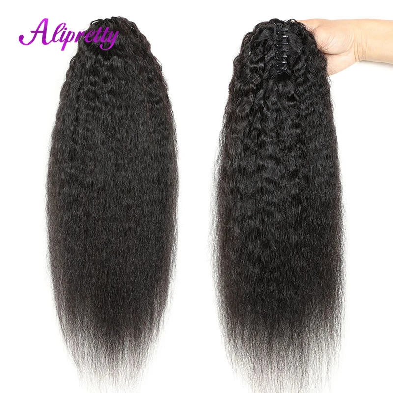 Alipretty Kinky Straight Ponytail Extensions Human Hair Yaki Brazilian Ponytail For Women Claw Clip On Pony Tail Hair Hairpieces