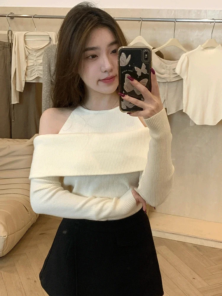 

Vintage Jumper Knitwear Pullovers for Women Pull Femme Chic Fake Two Off Shoulder Knitting Cropped Sweater Y2k Tops Sueter Mujer