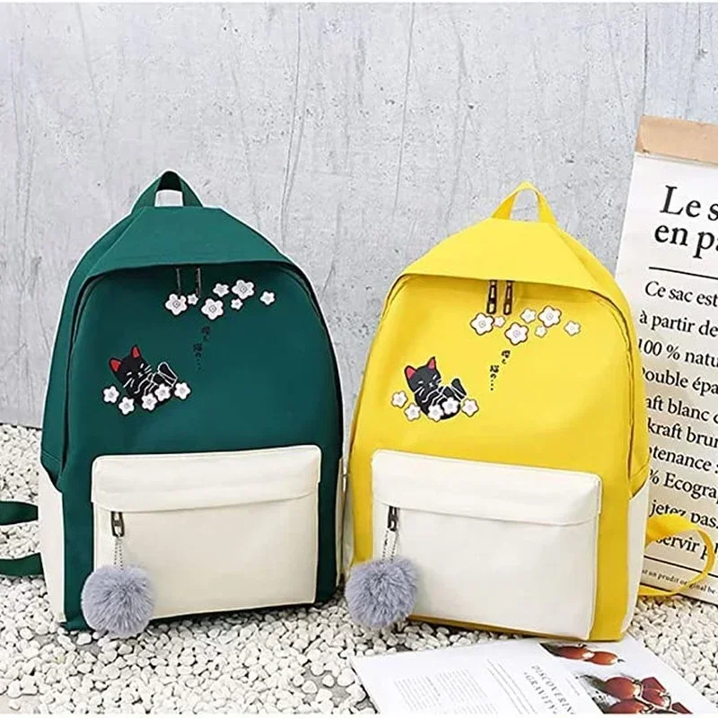 4Pcs Woman Laptop Backpack Ribbons School Backpacks Cute Cat Schoolbag for Teenagers Girls Student Book Bag Female Satchel