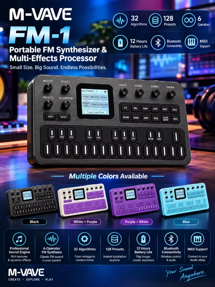 M-Vave Fm-1 Effect Pedal Portable Fm1 Bluetooth Synthesizer 12h Battery 6-Operator Speaker Midi 32-Algorithm 128 Preset