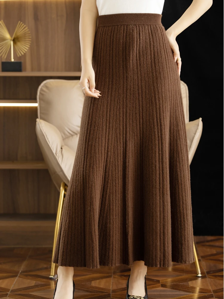 CHICUU 2024 Women Autumn Winter Wool Skirt Long Pleated Skirt 100% Merino Wool Knitwear Grace Soft Dress Korean Style Skirt