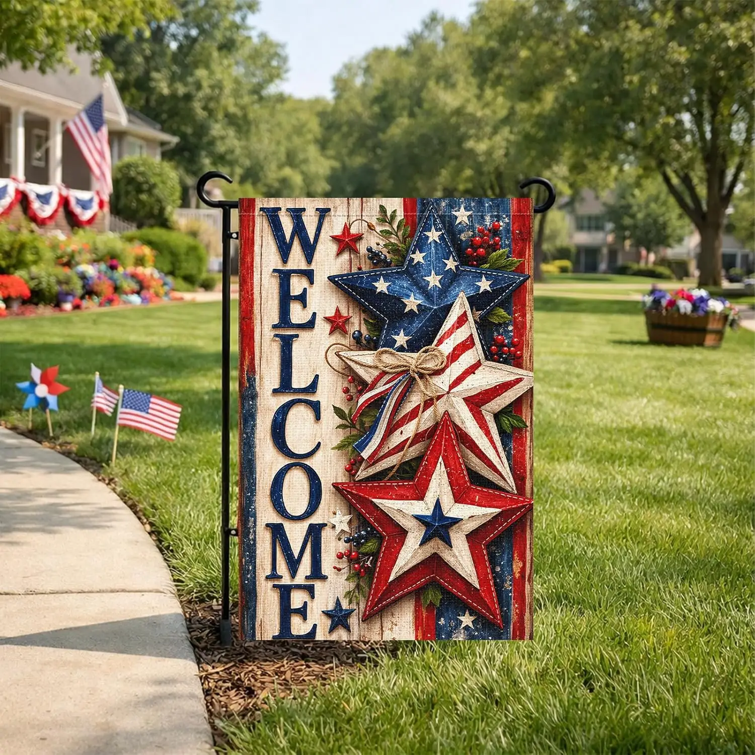 Heyfibro Patriotic Welcome Garden Flag with Rustic Star Design - Double Sided 12x18 Inch Patriotic Outdoor Farmhouse Flag fo AAS
