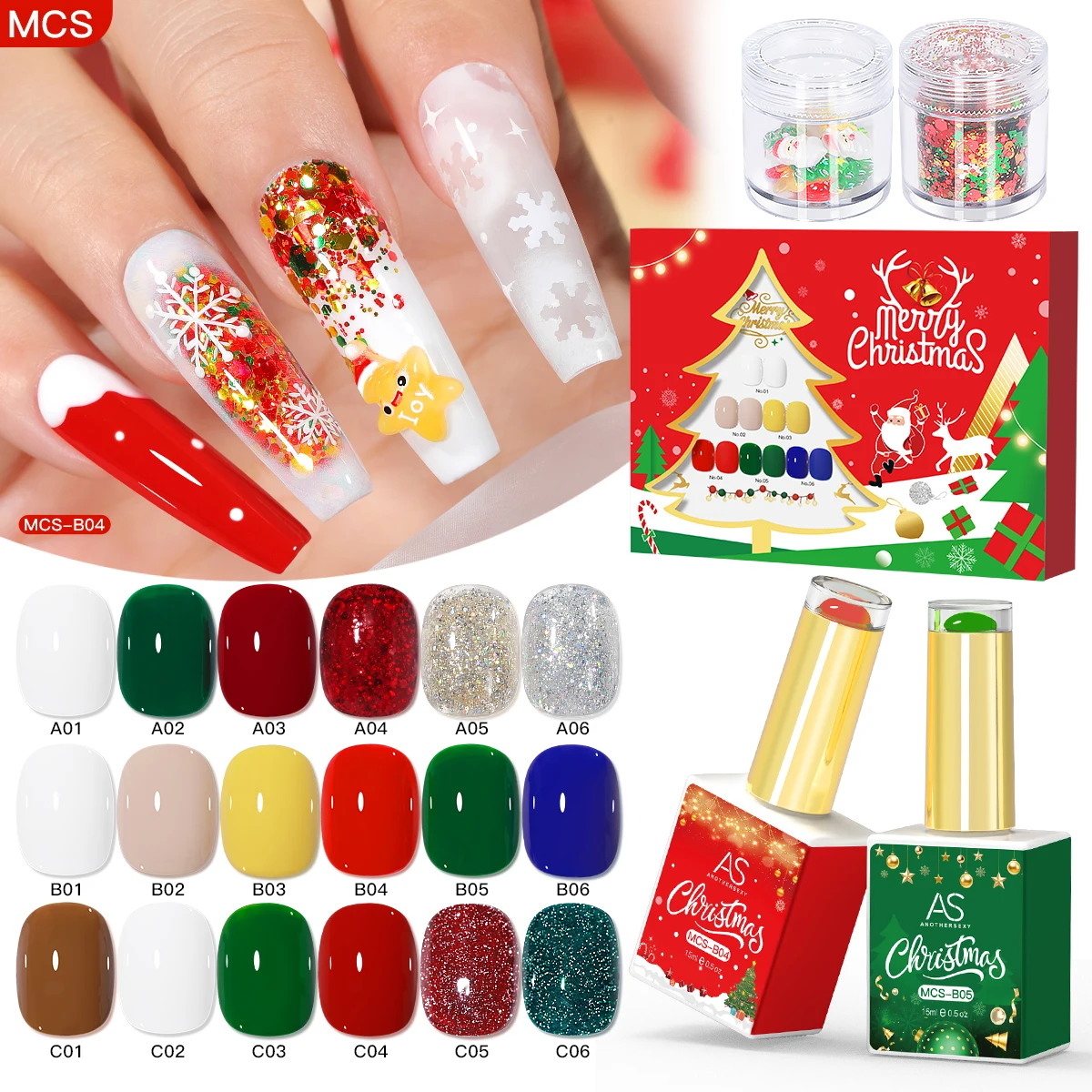 

Christmas Gifts for Girls AS 6pcs New Years 15ml Gel Nail Polish Set With Sequin Charms Semi Permanent Varnish Gel Kit & Charts