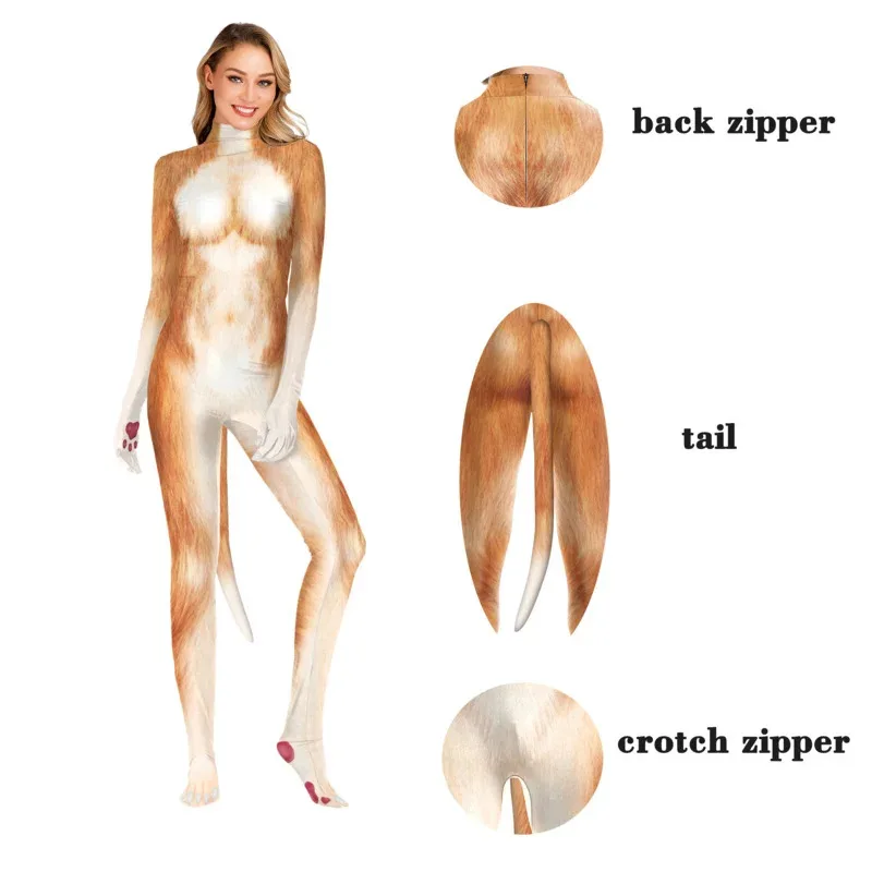 Vrouwen 3D Fox textuur gedrukt volledige dekking cosplay kostuum bodysuit met staart kruis rits jumpsuits catsuit Zentai pakken
