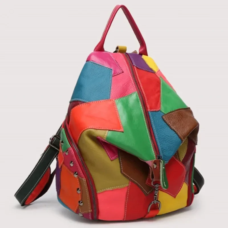 Women 100% Genuine Leather Rivet Backpack Youth Splice Backpacks Teenage Girls Bags Female Sheepskin School Shoulder Bag Bagpack