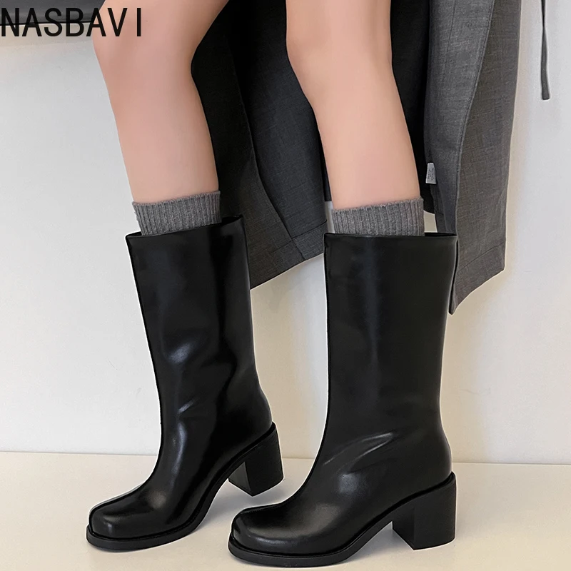 NASBAVI News Fashion Women Mid Calf Boots Autumn Cow Leather Winter High Heel Retro Square Toe Warm Dress Lady Short Boots 34-39
