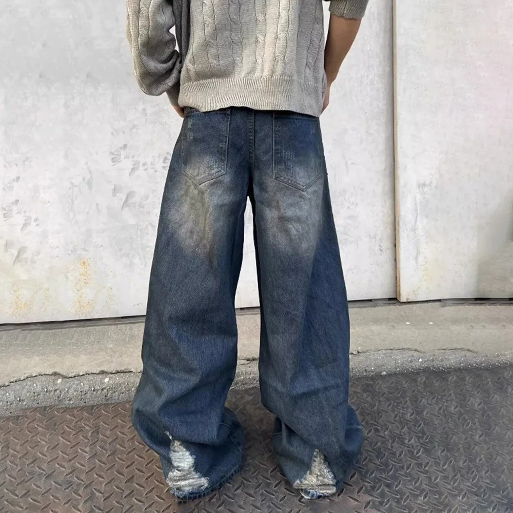 Zomer nieuwe heren contrasterende kleur baggy jeans wijde pijpen broek Amerikaanse vintage modetrend straat hiphop niche herenbroeken
