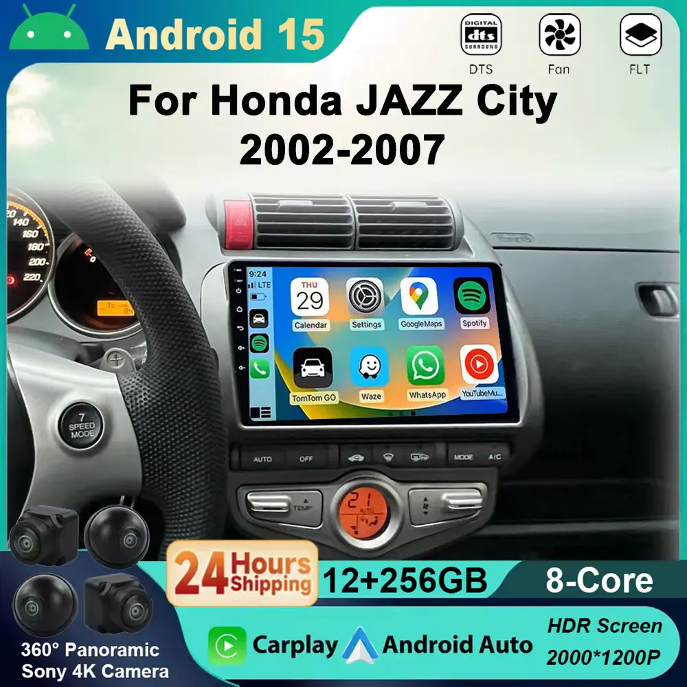 Android 15 2K Radio linux Screen For HONDA JAZZ City 2002-2007 Carplay Car Radio Multimedia Stereo CarPlay DSP DVD 4G WIFI BT