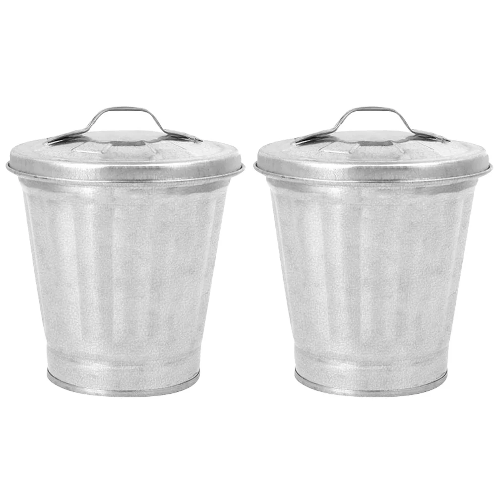 

2pcs Black Mini Table Trash Cans Pots Lids Galvanized Bucket Wastebasket Small Flower Container Indoor Plant Pots Storage Can