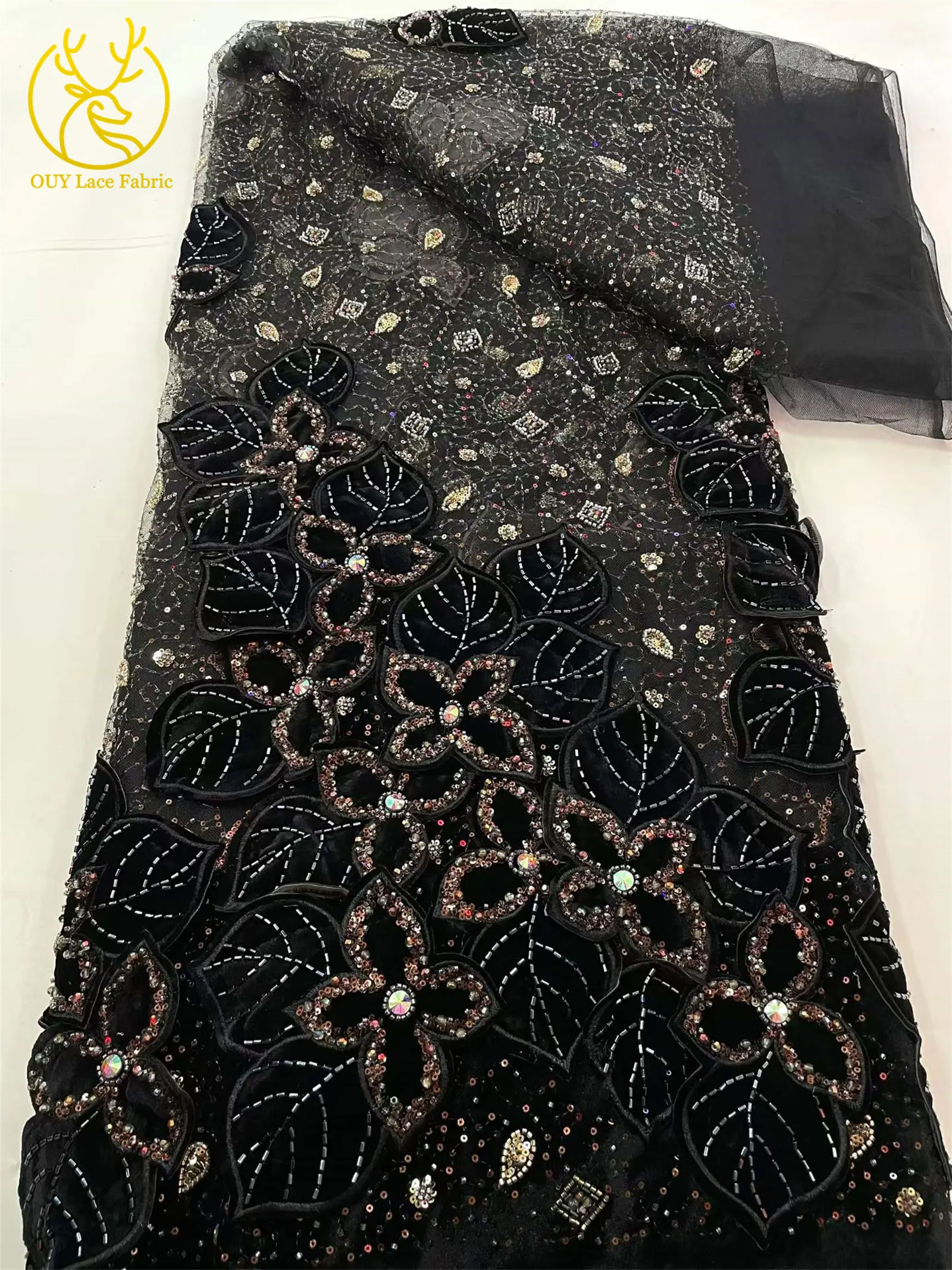 Weinroter Luxus Afrikanischer Samt DIY Handgemachte Stickerei Blatt-Pailletten Spitzenstoff 2026 Französischer Bräutigam Perlen-Spitzenstoff Kleid – Detail 14