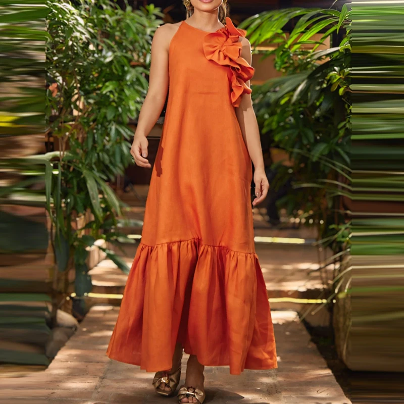 Abiti Boho senza maniche estivi Abito da pendolare con design semplice con volant laterale alla moda Abito lungo pieghettato a vita alta solido primaverile da donna