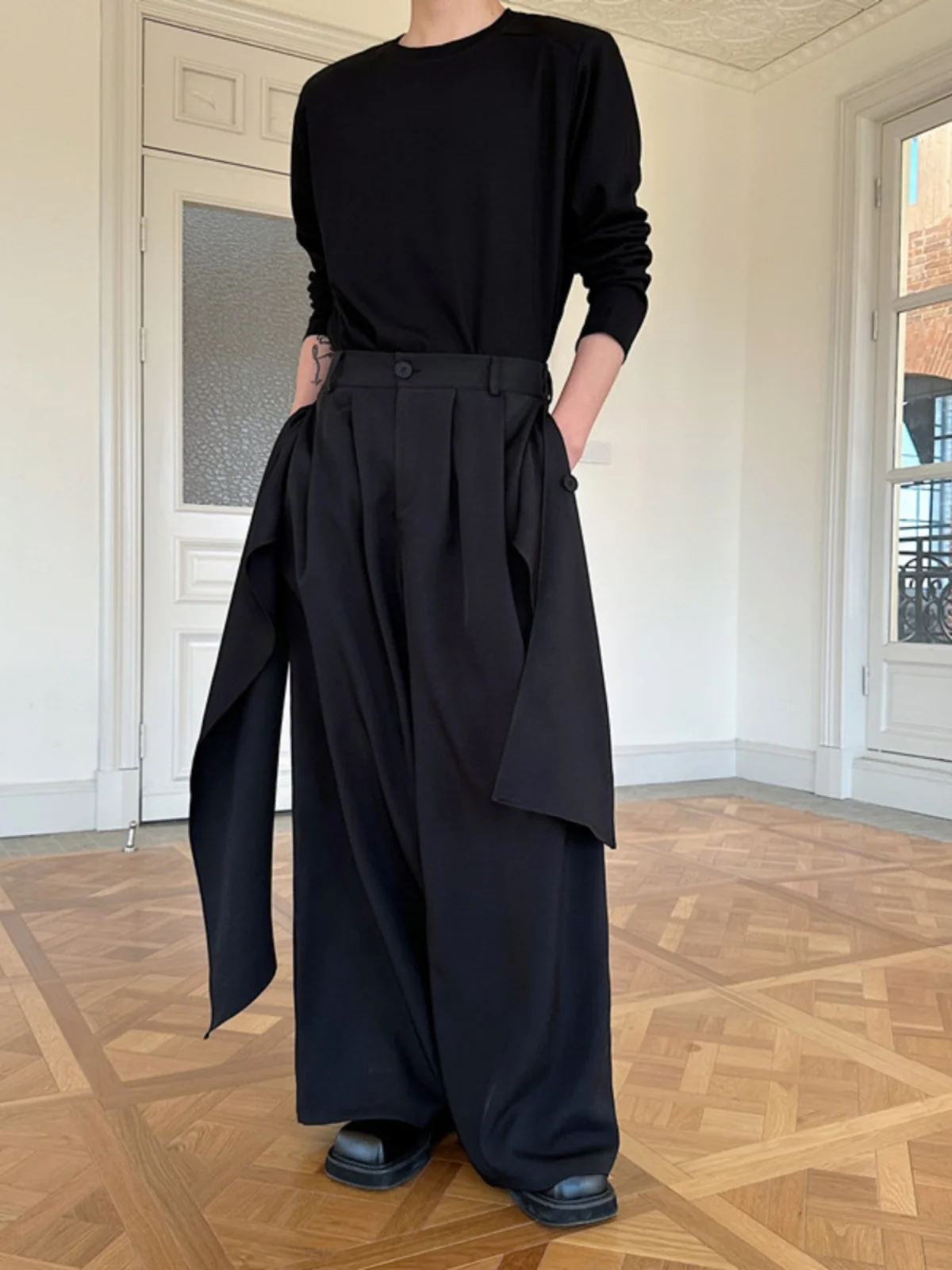 k Sle Casual Wide Leg Men's Long Pants Luxury Personali Trend Straight Tube Floor-Length Trousers Street Sle Spring ...