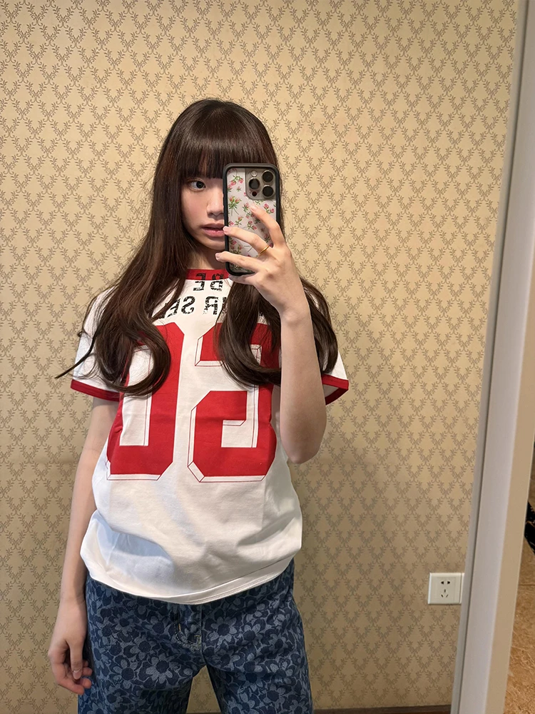 American Retro Color Blo Print ort Sve T-irt Women Summer Casual Cotton Spor Top Street Sle Loose Fit round Ne