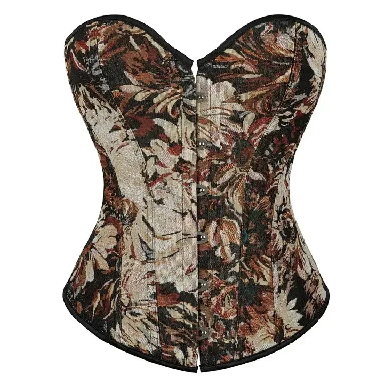 Fashion Women Sexy Floral Print Monet Oil Painting French Style Retro Corset Top Overbust Bustier For Lingerie Coffee Color