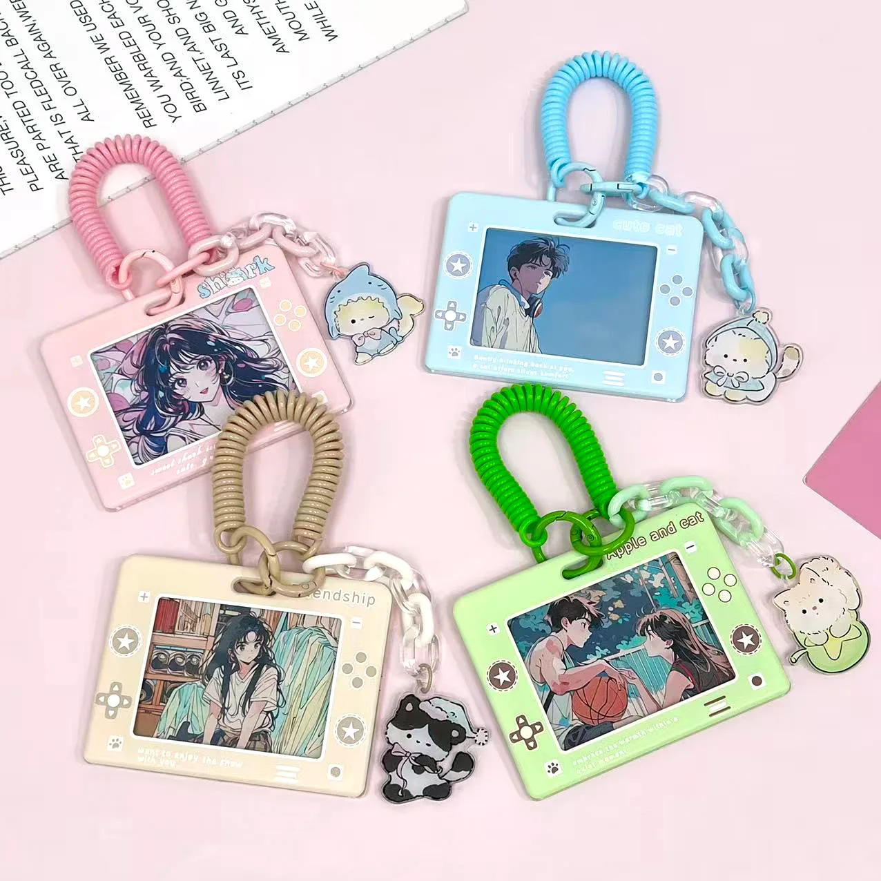 Horizontal Retro Cartoon Game Card Holder ID Photo Card Case with Short Anti-Loss Stra Game Kawaii Kpop Photocard Protector