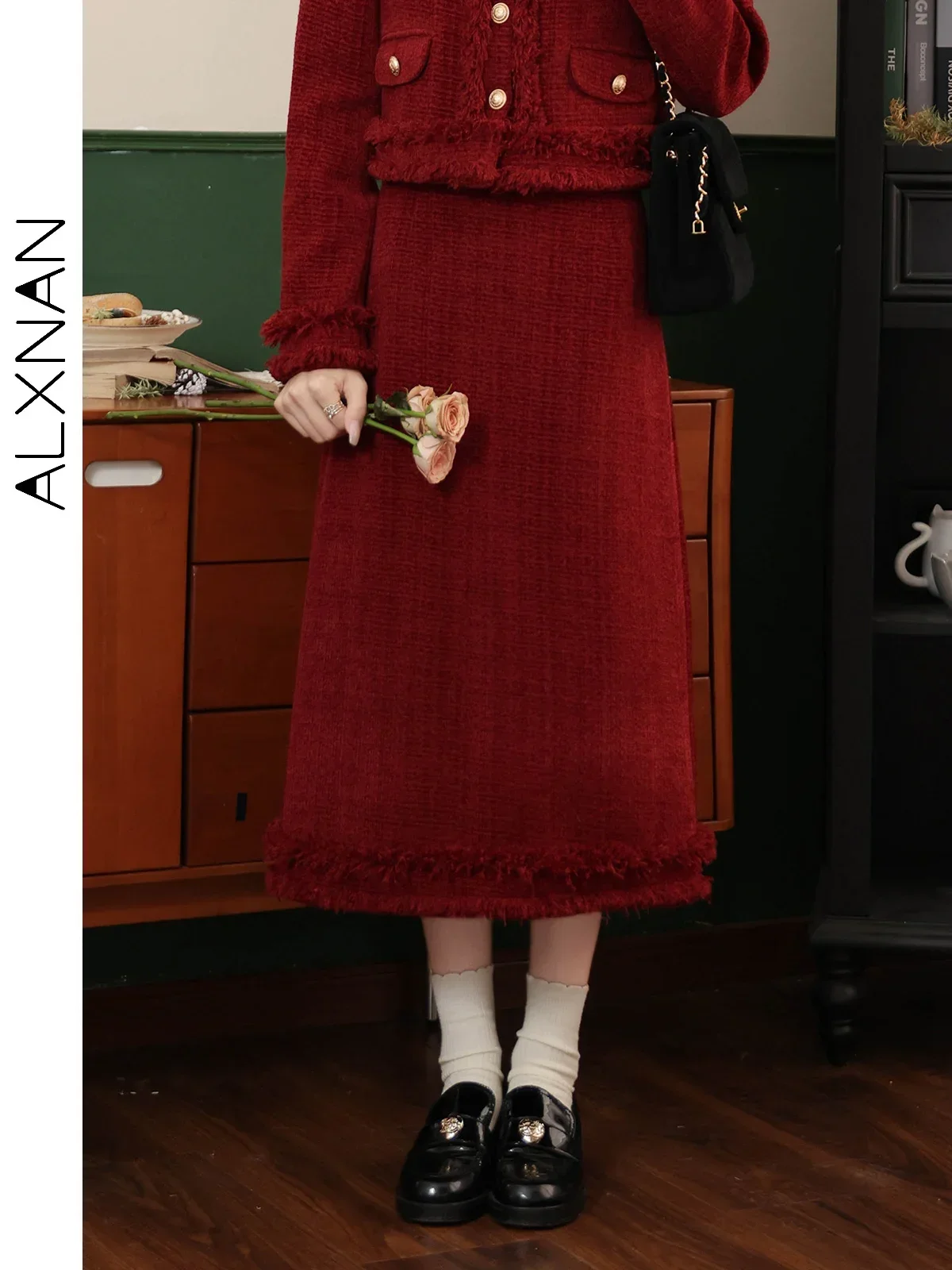 ALXNAN สีแดง A-Line กระโปรงผู้หญิง 2024 ฤดูใบไม้ร่วงฤดูหนาว Elegant Simple COMMUTER ผู้หญิง Midi กระโปรงแยกจําหน่าย LXN32767BQ