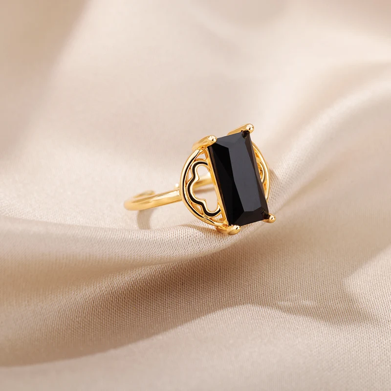 Black Rectangle Zircon Rings for Women Open Stainless Steel Adjustable Ring Couple Wedding Aesthetic Jewelry Gift Anillos Mujer