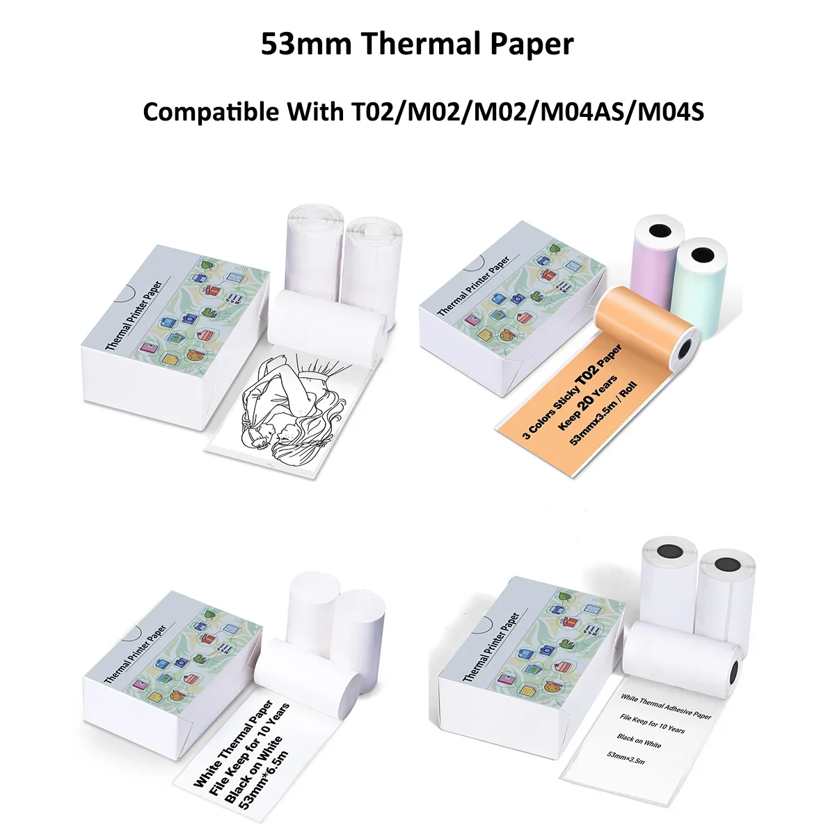 Mini-Drucker-Thermopapieraufkleber für Phomemo/Memoking M02/T02/M04AS/M04S Mini-Drucker für Journal-Fotortextnotizen 53 mm