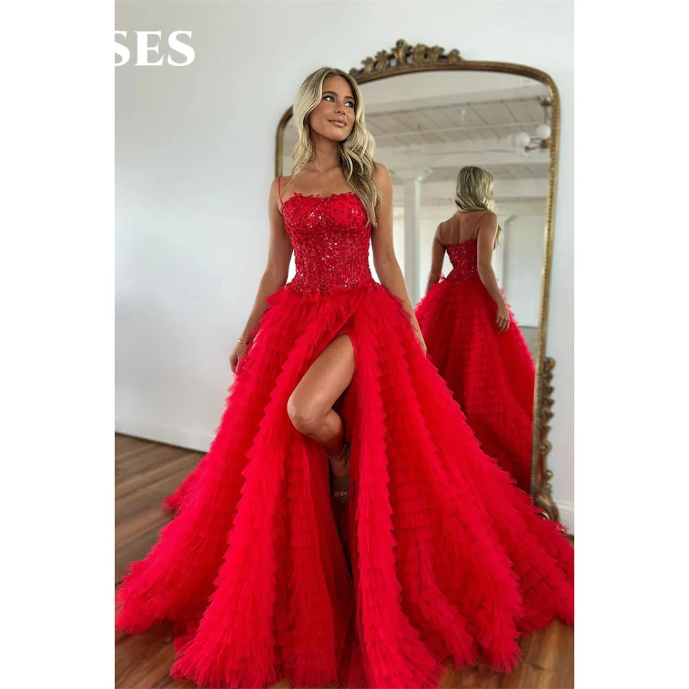 ROSES Tiered Layer A Line Party Dresses Red Net Prom Dress Side Split Shining Robe De Soirée Spaghetti Strap Women Evening Dress