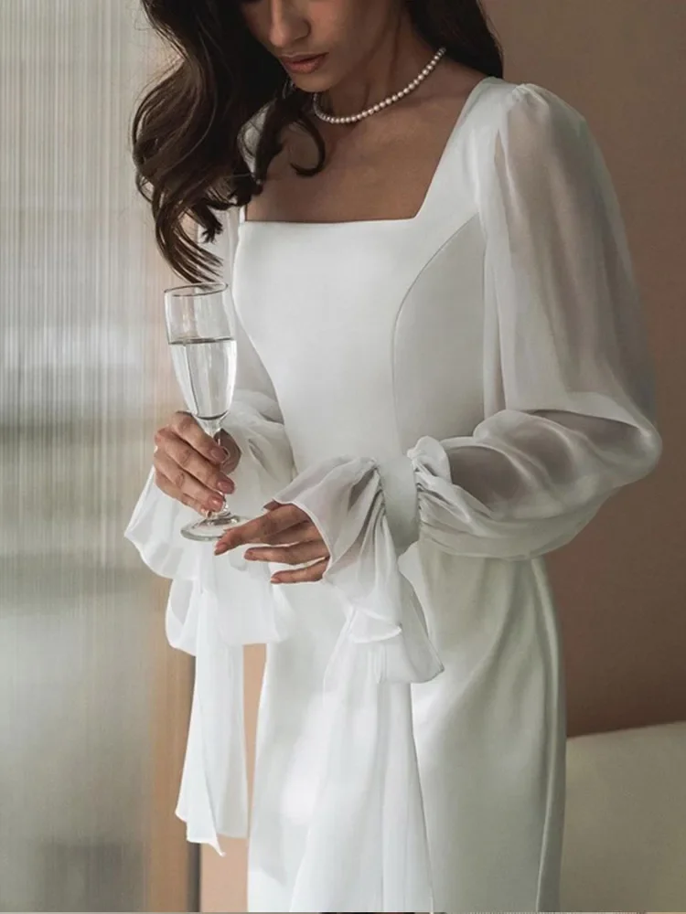 Elegant Mesh White Women Evening Dress Long Sleeve Square Collar Flare Sleeve Female Midi Robe 2024 Summer Solid Lady Dresses