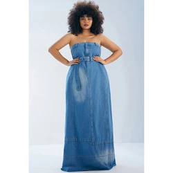 Plus Size Dames 2024 Dagelijkse Lange Jurk Blauwe Herfst En Winter Taille Off-Shoulder Retro Vakantie Effen Kleur Lange Denim Jurk