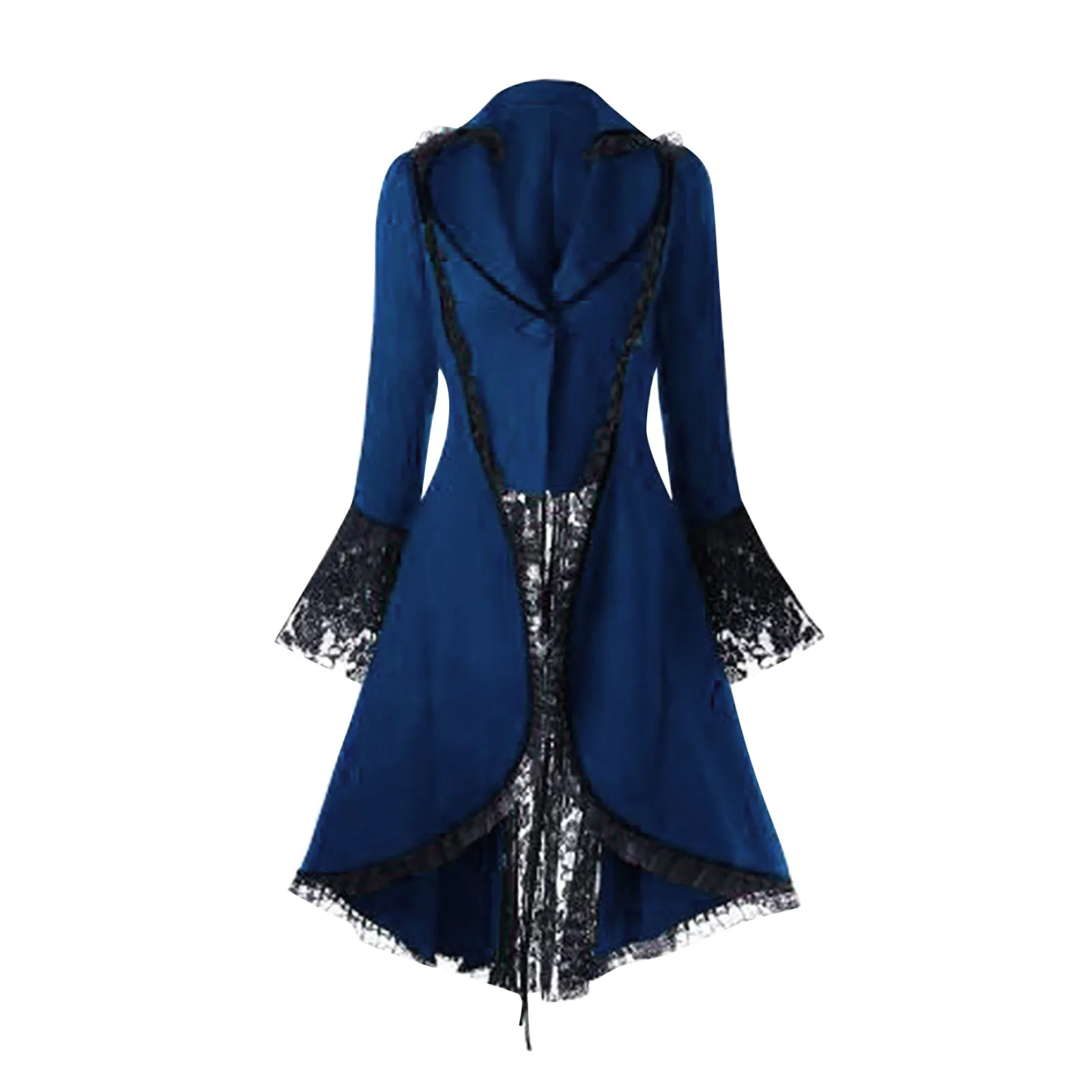 Overcoat Lace Women Vintage Bandage Long-Sleeved Trim Lace-Up High Low Coat Black Steampunk Victorian Style Gothic Party Coat