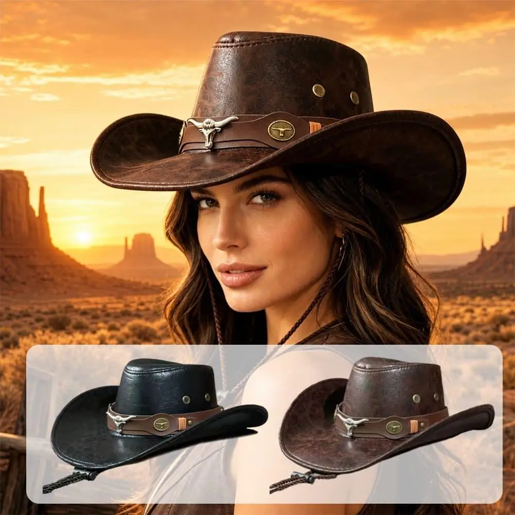  Outdoor Cowgirl Jazz Cap Sombrero Hombre ,Vintage Leather Western Cowboy Hat(22.05-22.83in),Unisex Faux Leather Dress Hats