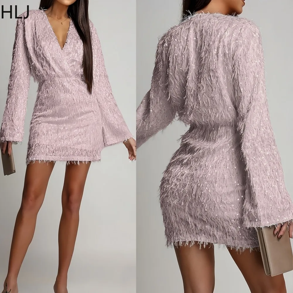 

HLJ Sexy Tassel Patchwork Bodycon Dresses for Women Solid Color Deep V-neck Long Sleeves Dress Female Streetwear Vestidos New