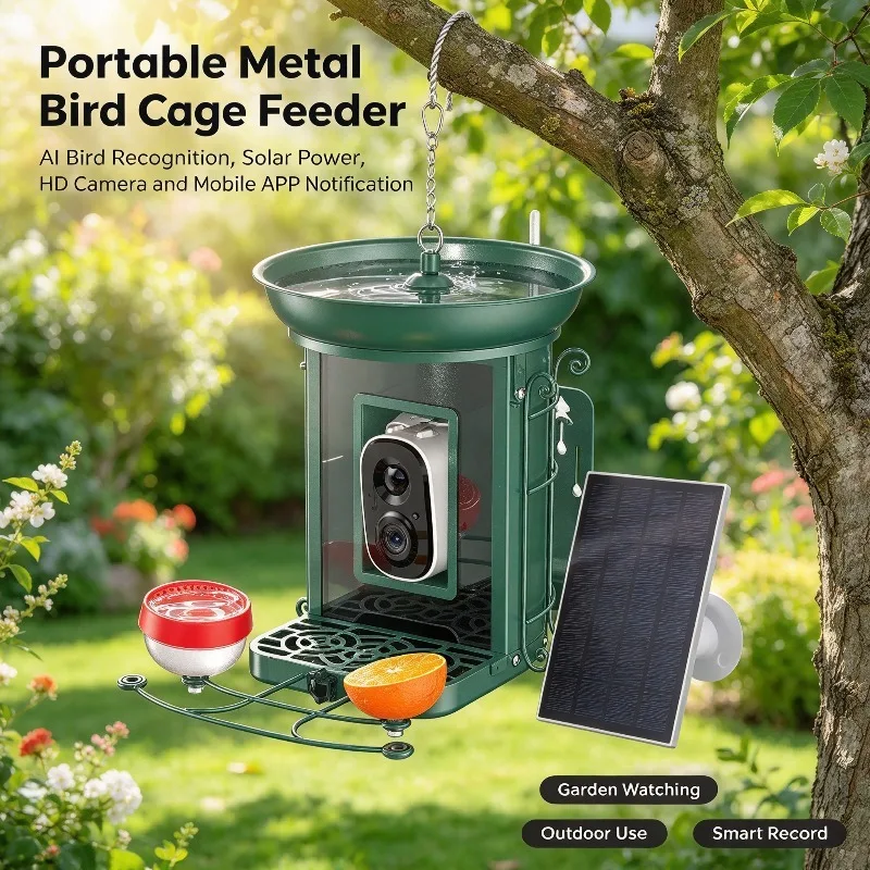 AI Bird Recognition Smart Feeder, Solar Powered Portable Metal Bird Cage Feeder with Camera
