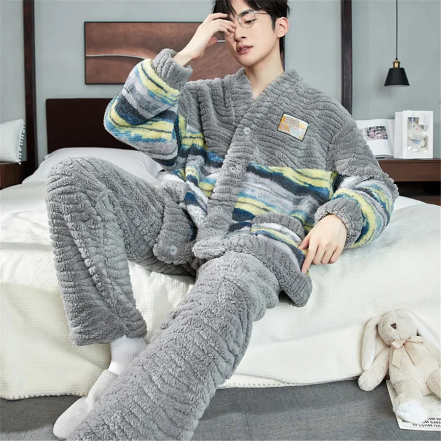 Men\'s Winter Warm Coral Fleece Pajamas Set Fluffy Coat + Long Pants Male Sleepwear for Sleeping 2 Pieces Home Wear Loungewear