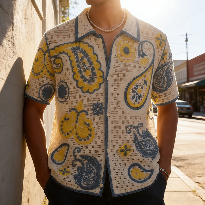 

Old Money Aesthetic Embroidery Shirts Men Classic Hollow Out Knitted Shirt Tops Mens Summer Casual Short Sleeve Knitted Cardigan
