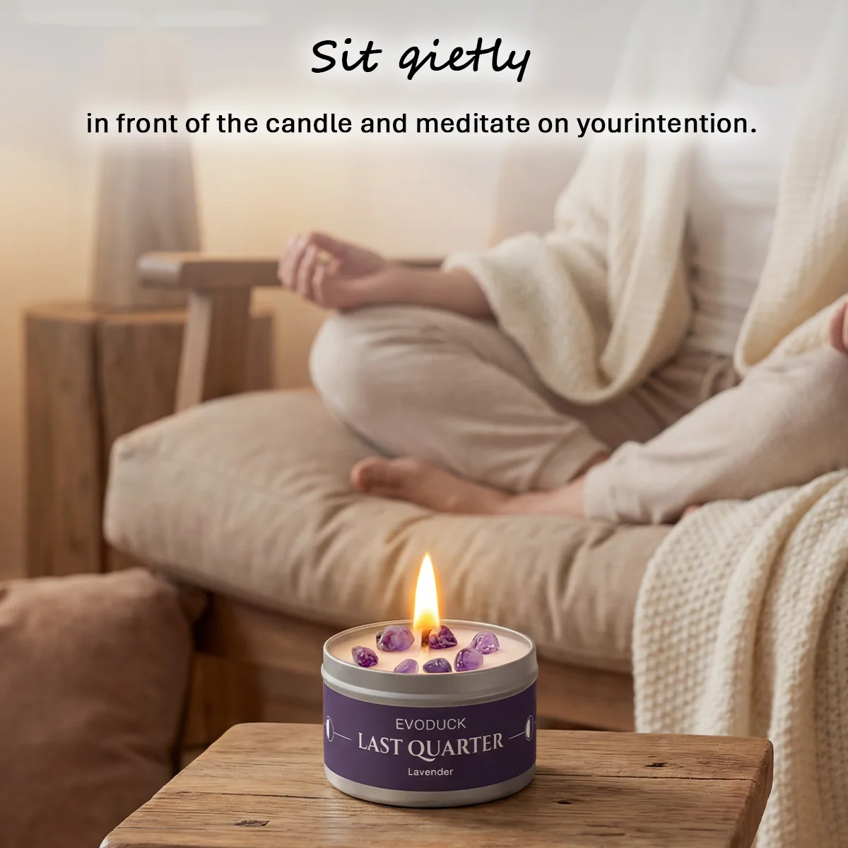 Waning Moon Scented Candle Soy Wax Lavender Scented Candles Silver Tin with Purple Crystal Chips Bestfriend Gifts Gift for Woman
