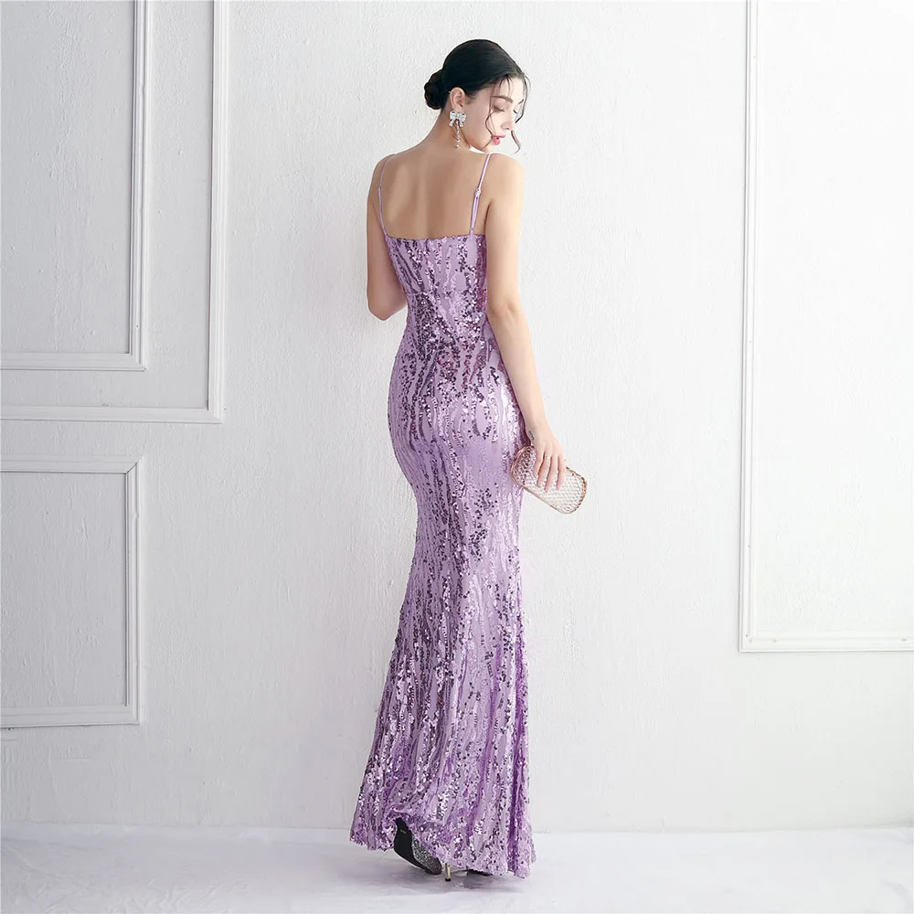 DEERVEADO Sexy Deep V-Neck Sequins Evening Dress for Woman Chic Mermaid Strap Prom Party Maxi Dress Formal Gowns with Feathers