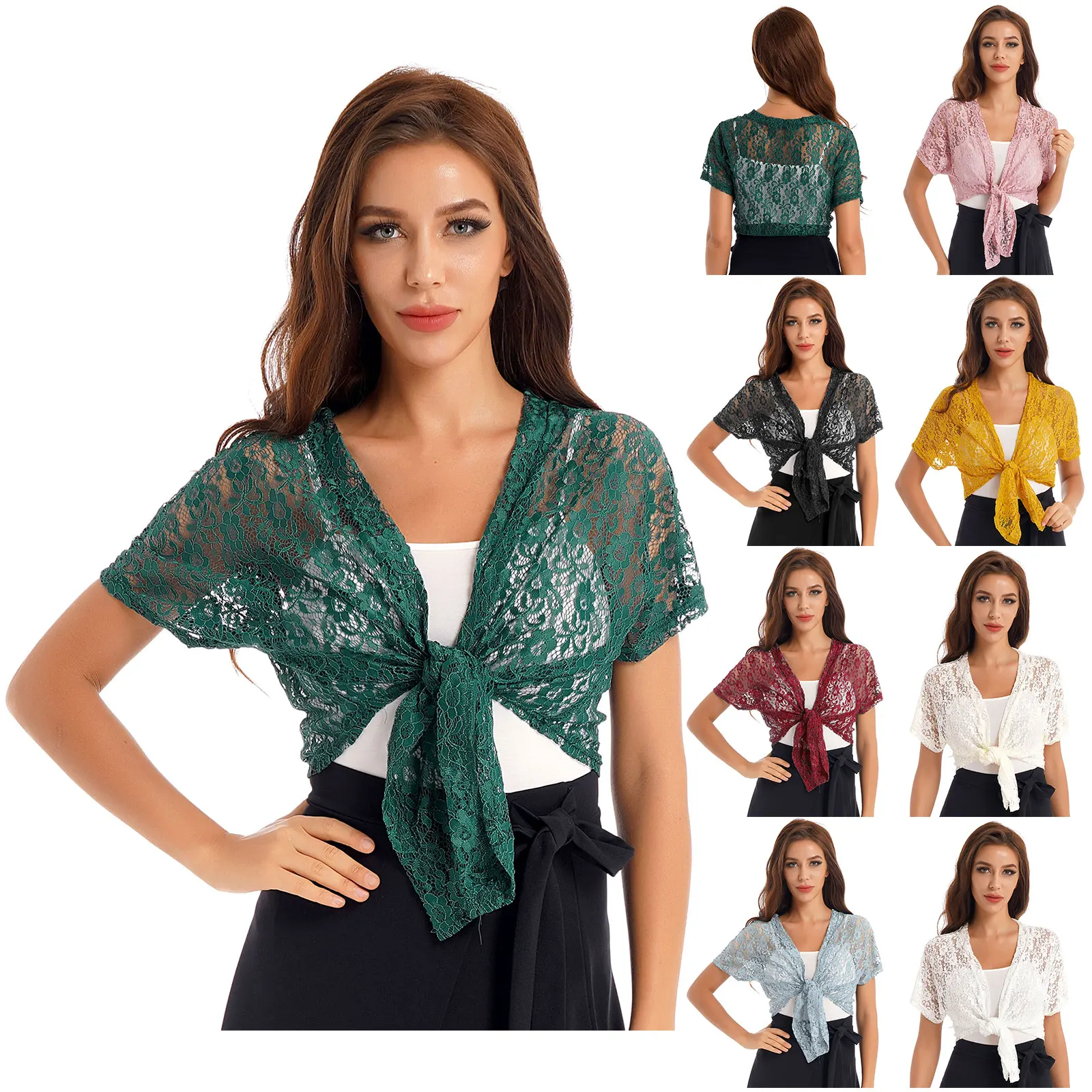 Womens Lace Cardigan Bolero Jacket Short Sleeve Lace-up Crop Top for Wedding Party Bridal Shrug Beachwear Swimwear Cover Ups