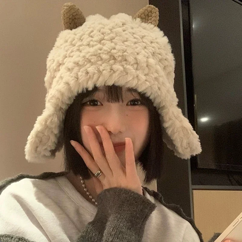 

Fluffy Cartoon Little Lamb Bucket Hat Women Girls Cute Sheep Ears Plush Warm Fisherman Caps Soft Thick Ear Cover Streetwear Hats