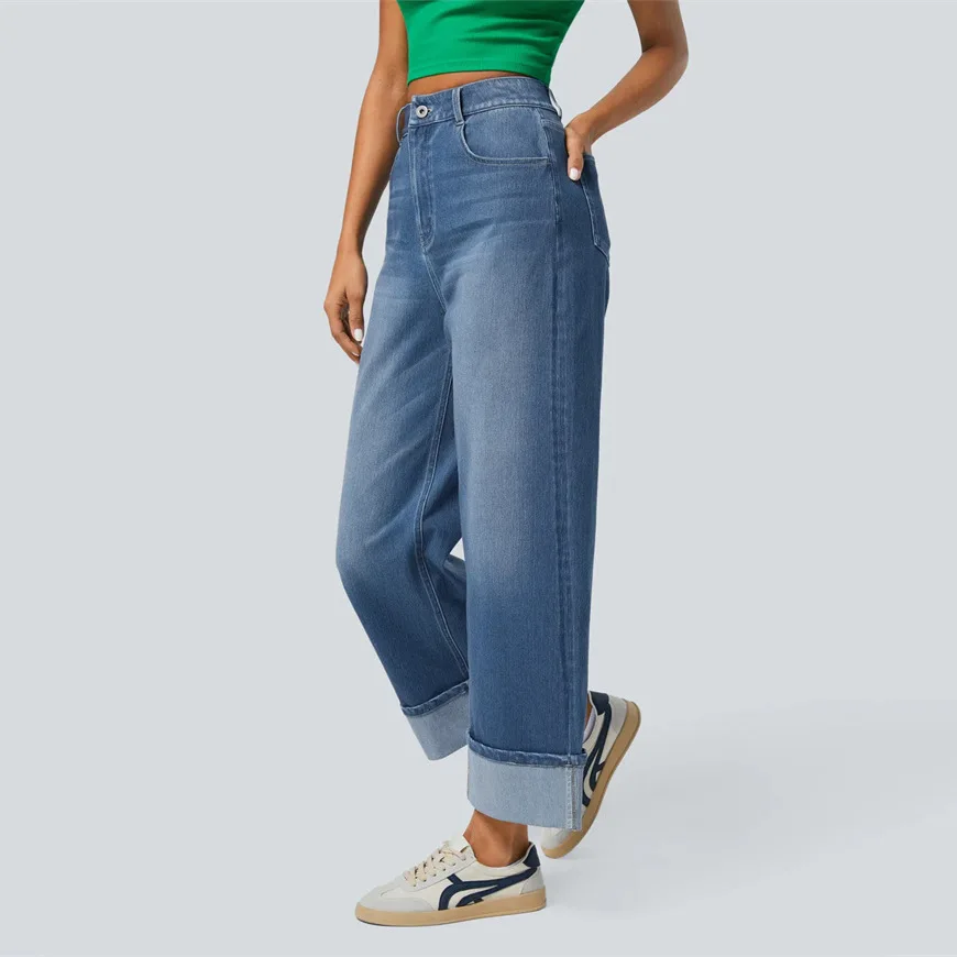 High Waist Straight Leg Jeans Women's Fashion Spring New Style Cuffed Denim Pants Classic Blue Cotton Spandex Blend