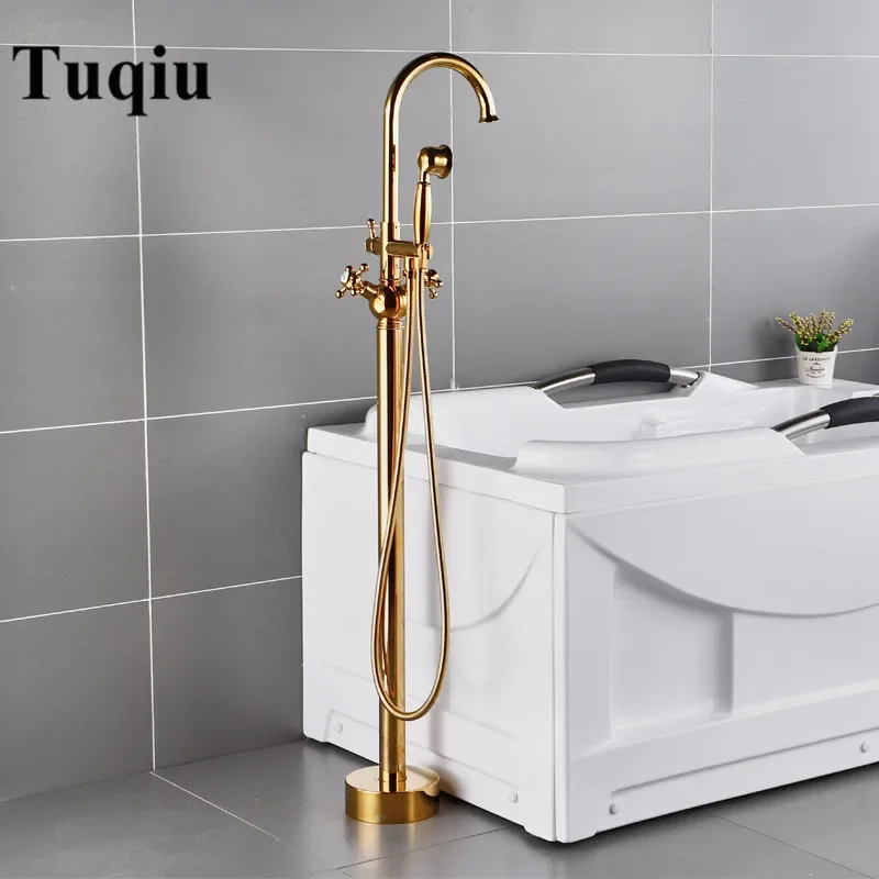 Bathroom Bathtub Faucet + Handheld Shower Free Standing Gold BathTub Mixer Taps Floor Mounted