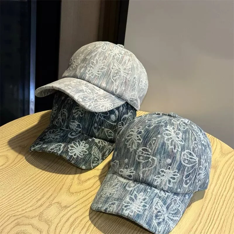 Vintage Butterfly Embroidered Denim Baseball Cap for Women – Spring Sun Hat with Extra-Large Size