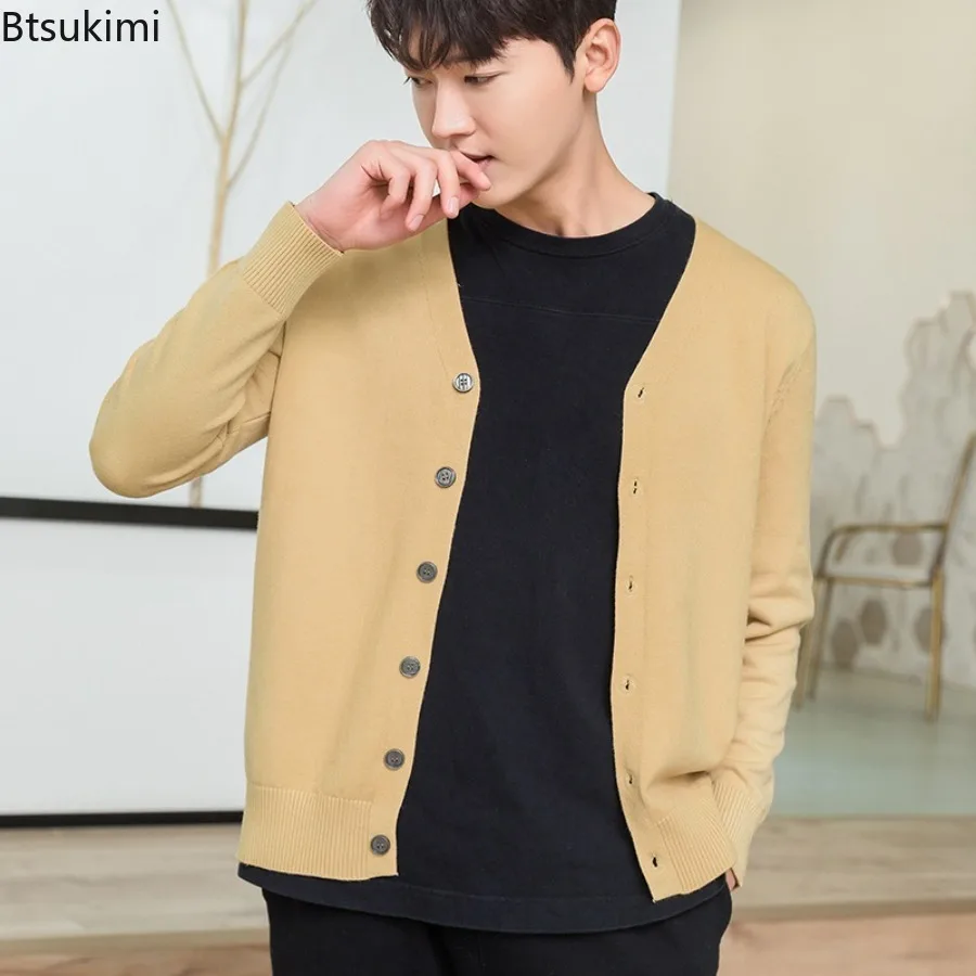 Spring and Autumn Men's Knitwear Blend Cardigan Outerwear V-Neck Solid Color Warm High Quality Basic Comfort Clothing for Men