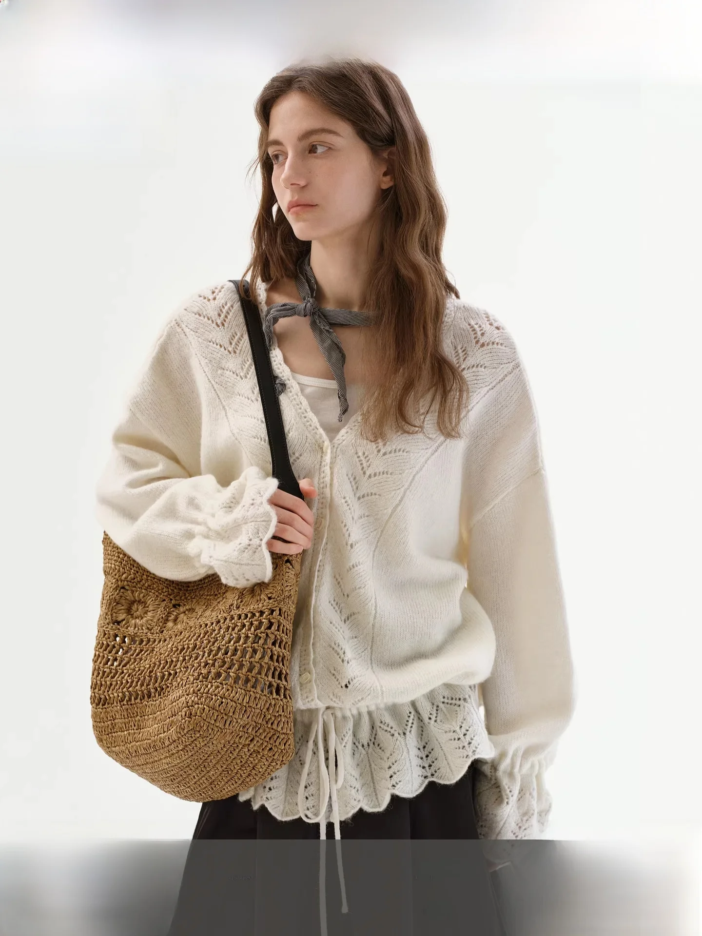 

Вязаный кардиган Fano с вышивкой, поясом и ажурными элементами, женский, весенний, модный, на пуговицах, свободного кроя, с длинными рукавами, V-образным вырезом, теплый