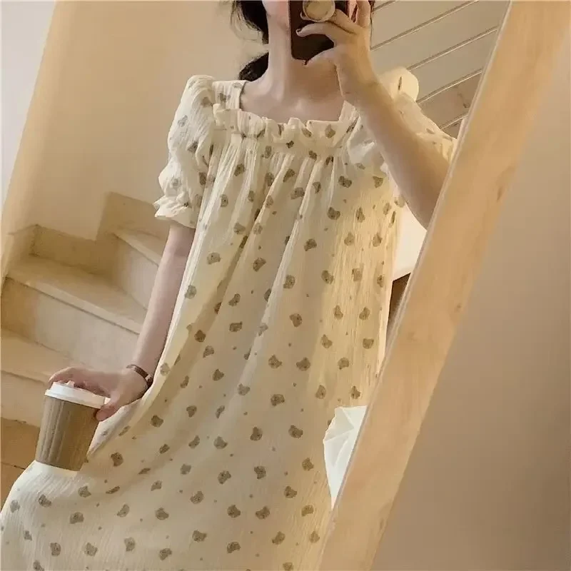 Cute Nightwears Mid Length Korean Version Women\'s Home Wear Dress New Pajamas Sleepwear Women\'s Cotton Clothes for Sleep Summer