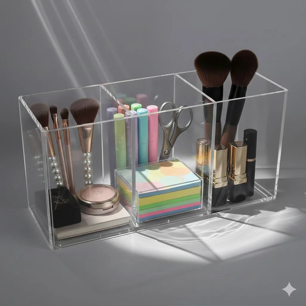 Organisateur de maquillage en acrylique transparent à 3 compartiments, support pour pinceaux de maquillage en cristal, boîte de rangement pour rouges à lèvres, présentoir de bureau pour stylos et fournitures de bureau